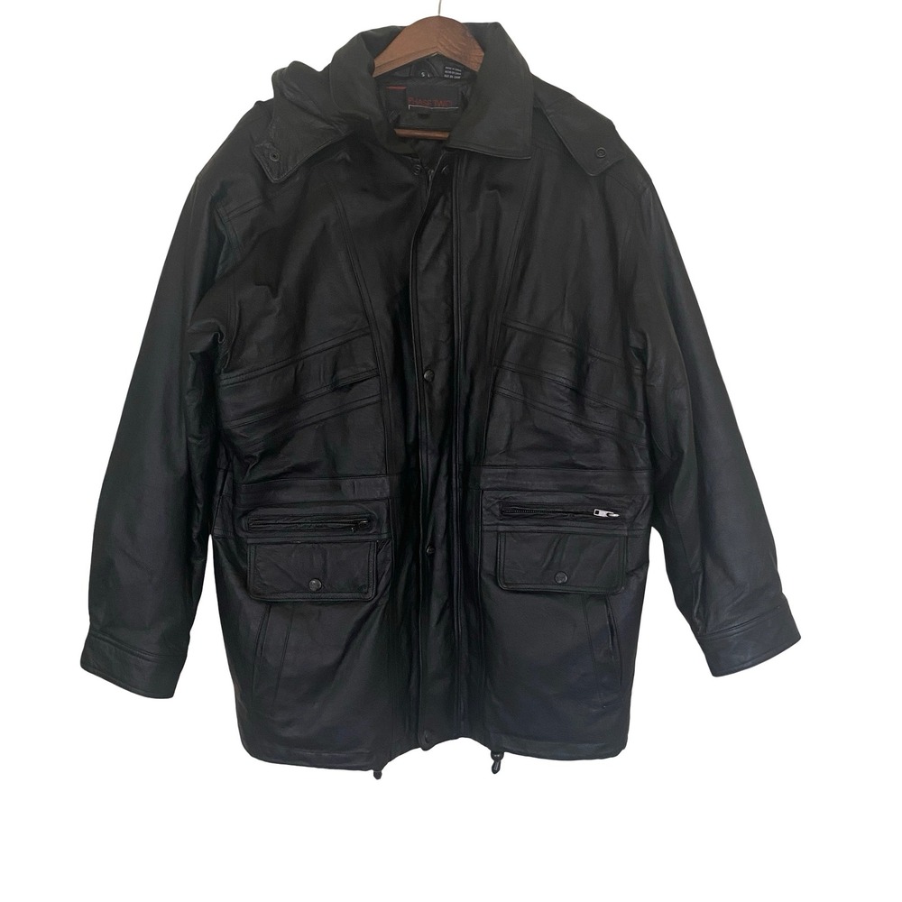Phase Two Vintage Leather Parka Mens Jacket Size S Black Hooded Utilitarian Coat